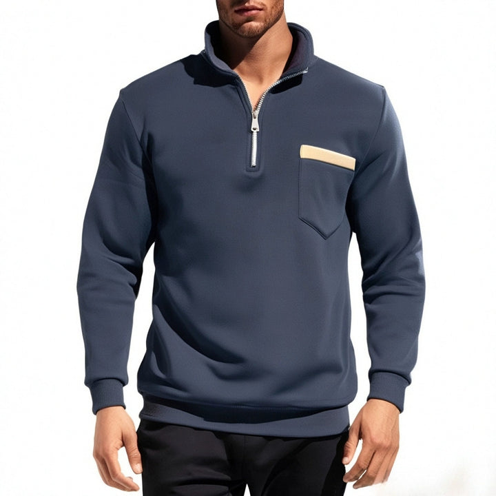 Men's finely structured half-zip fine knit pullover with stand-up collar, chest pocket, and slim silhouette Mune Fashion
