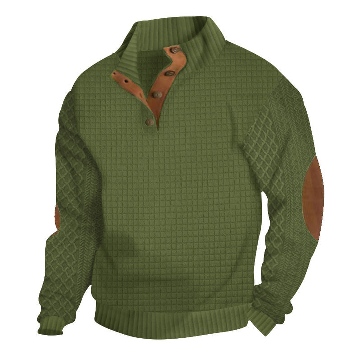 Men's waffle knit half-zip sweater with stand-up collar, leather accents, and elbow patches Mune Fashion