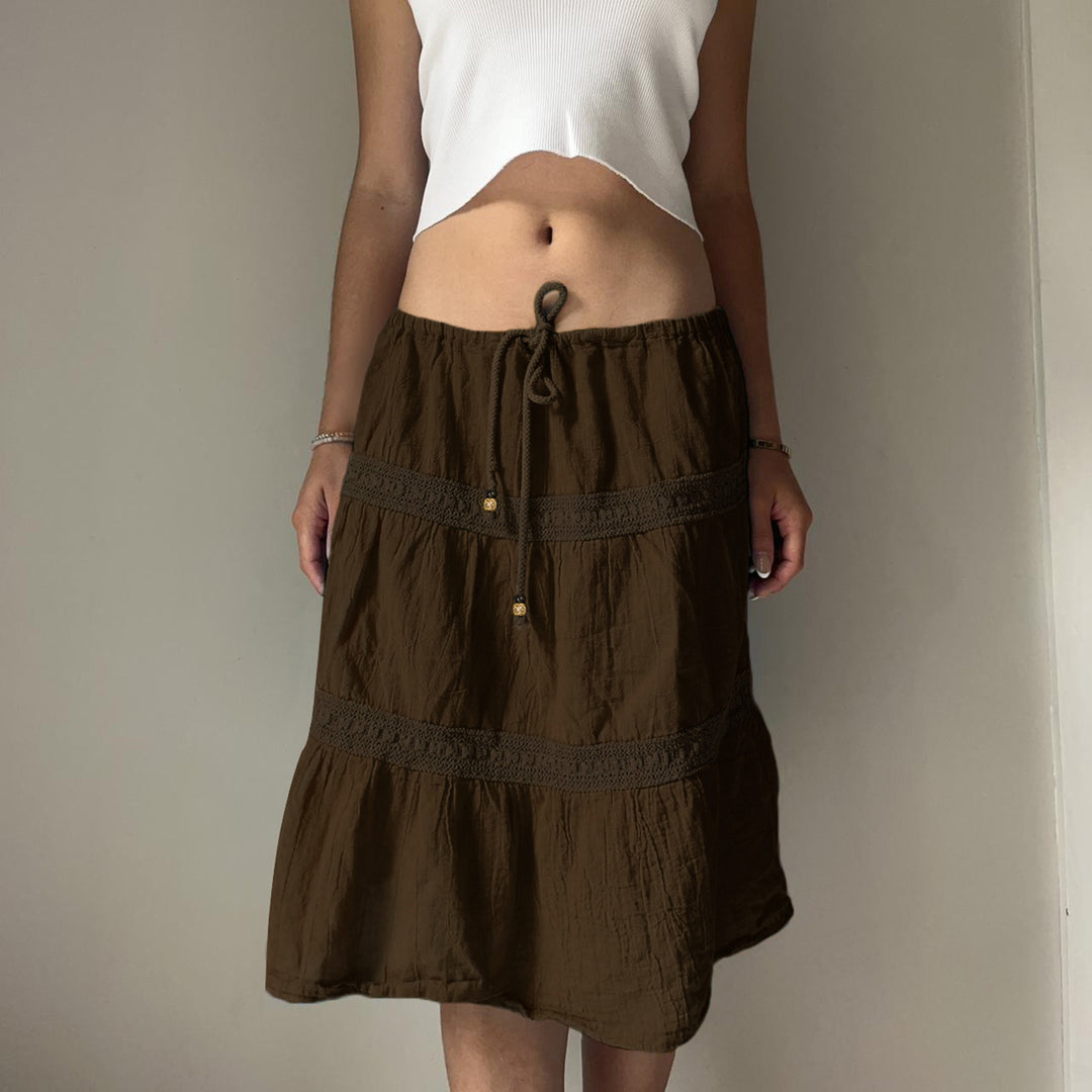 Women’s tiered boho midi skirt with elastic drawstring waistband and crochet band details Mune Fashion