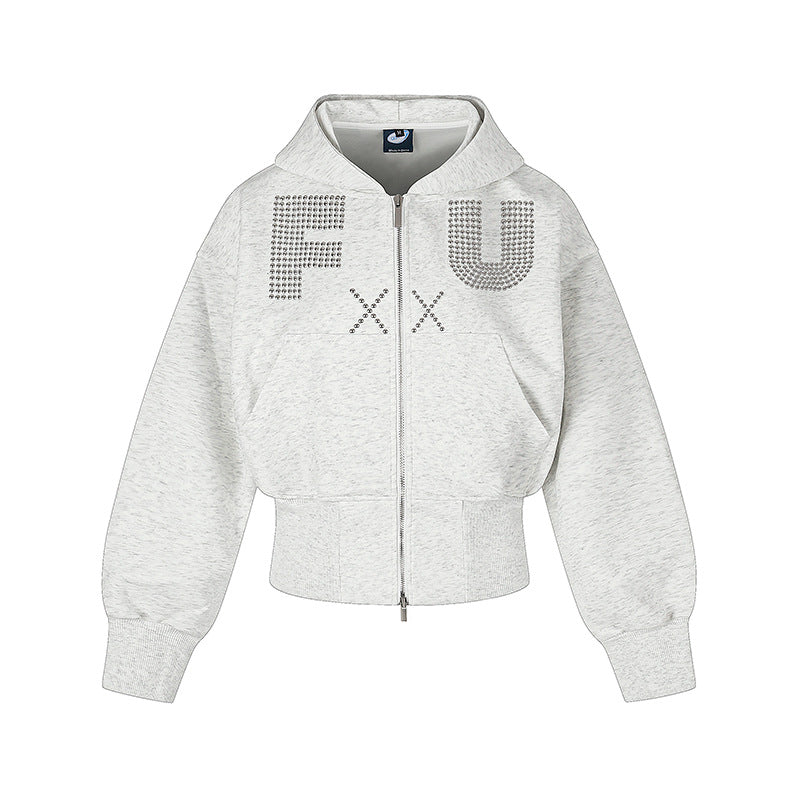 Ladies Short Hooded Sweat Jacket with Full Zip, Wide Ribbed Hem and Rhinestone Logo Mune Fashion