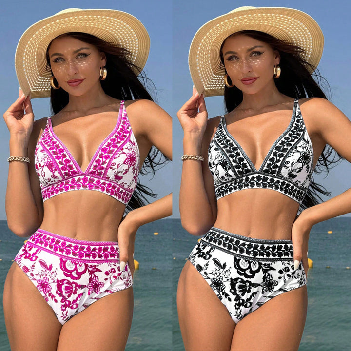 Women High-Waisted Bikini with Floral Pattern Mune Fashion