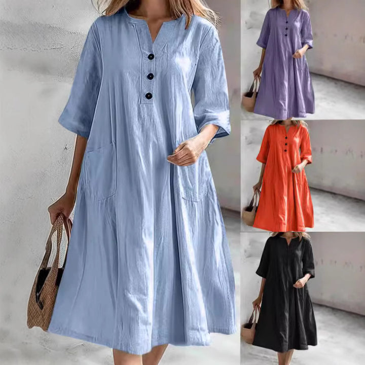 Women's casual falling A-line dress with V-neck button placket, 3/4 sleeves and patch pockets Mune Fashion