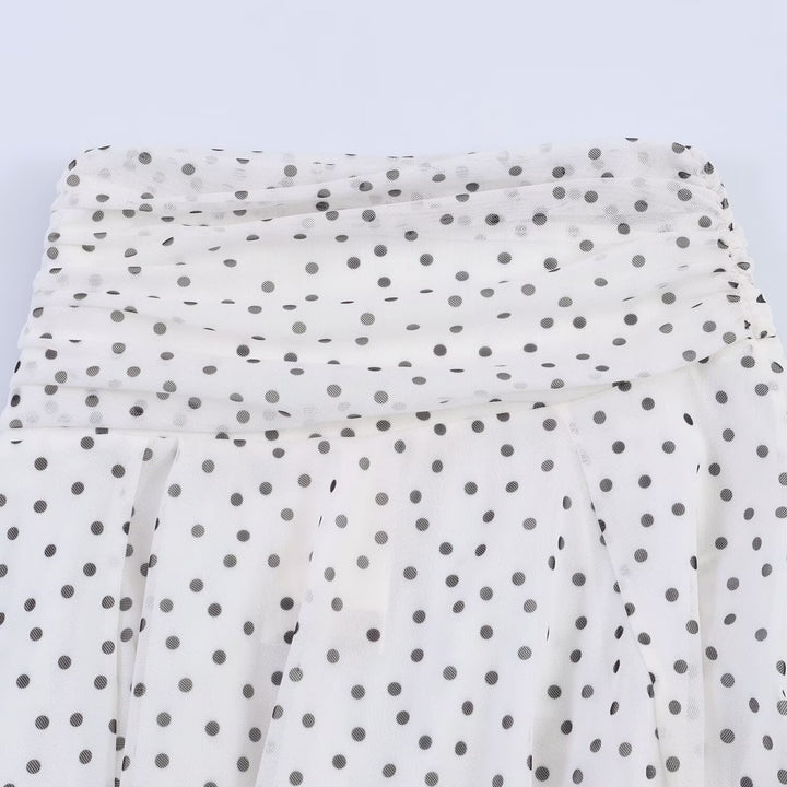 Women's Polka-Dot Midi Skirt with High Waist, A-Line and Layered Chiffon Mune Fashion