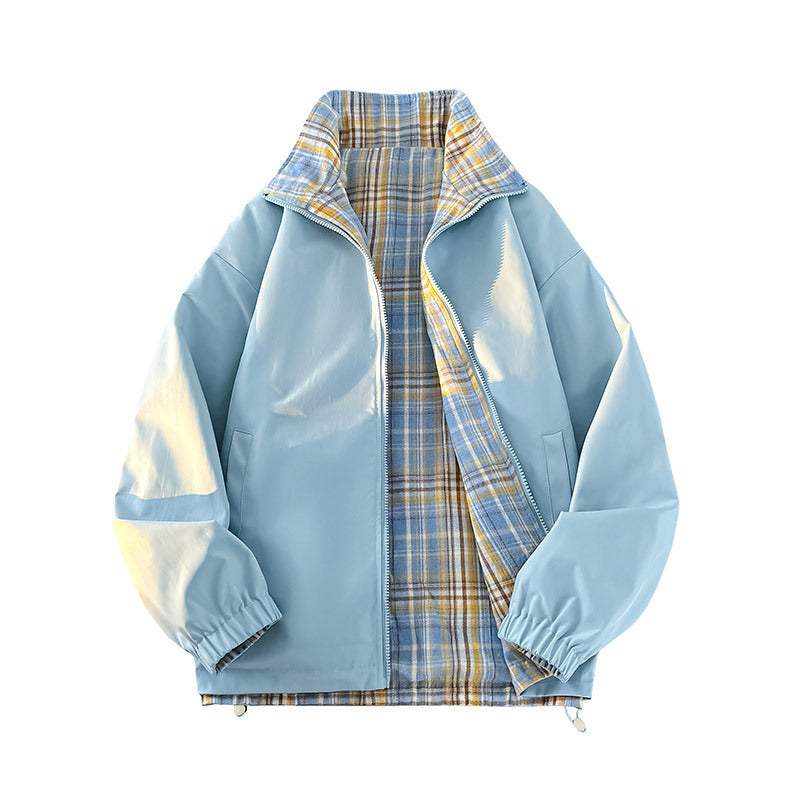Unisex Reversible Utility Jacket with checked lining, stand-up collar and elastic cuffs Mune Fashion