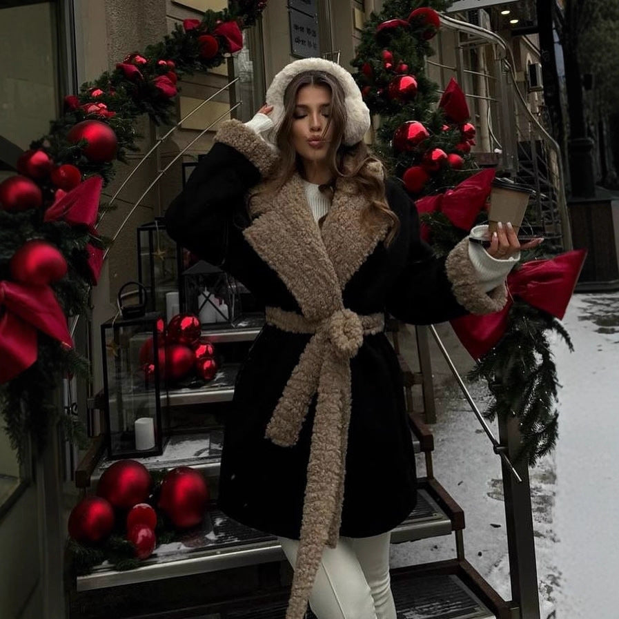 Women Short Oversized Winter Coat with Teddy Lining and Waist Belt Mune Fashion