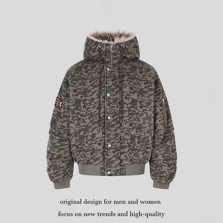 Women's quilted bomber jacket with faux fur hood, drawstring, and utility pockets Mune Fashion