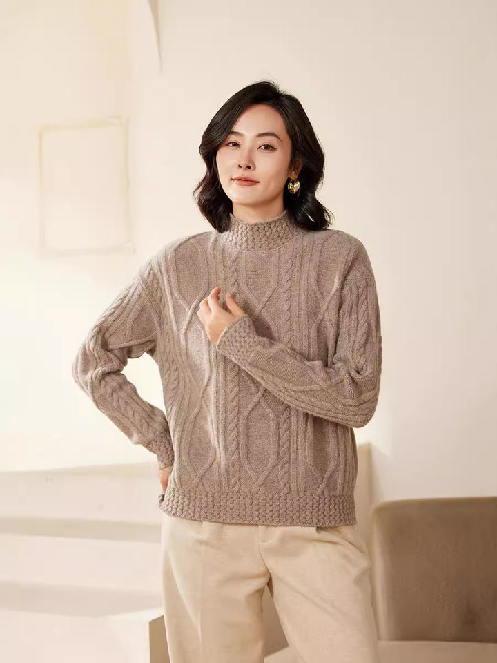 Women's cable knit mock neck sweater with short boxy silhouette Mune Fashion