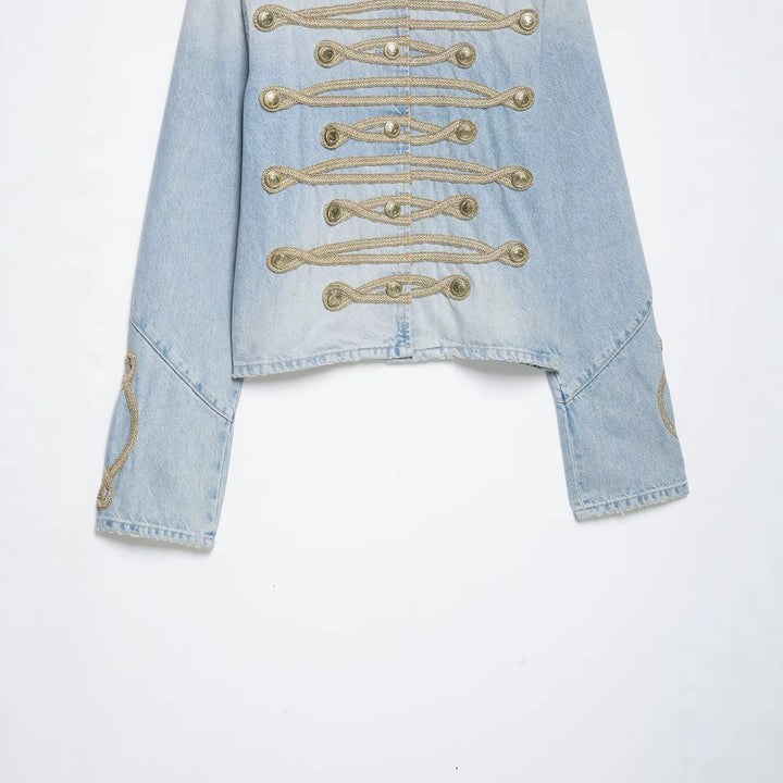 Women's short denim jacket in military style with cord appliqué and mandarin collar Mune Fashion