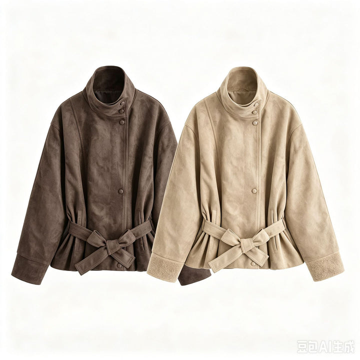 Women’s short jacket in suede look with stand-up collar and tie belt Drune