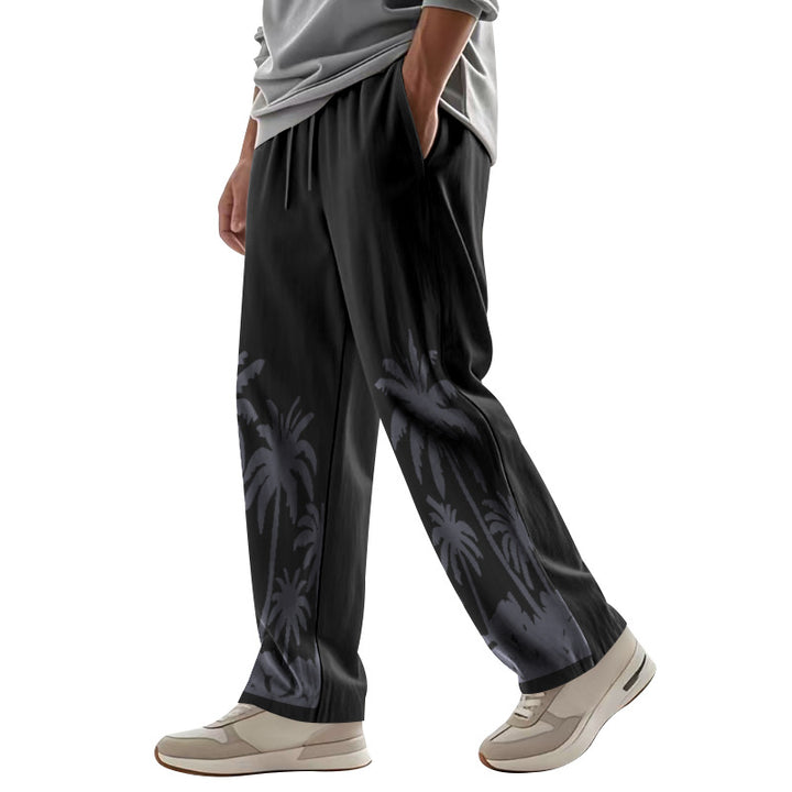 Men's wide leisure pants made of cotton-linen blend with palm print, elastic waistband and drawstring Mune Fashion