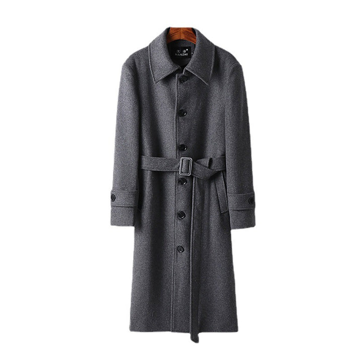 Men's tailored maxi long wool blend coat with tie belt and Kent collar Mune Fashion