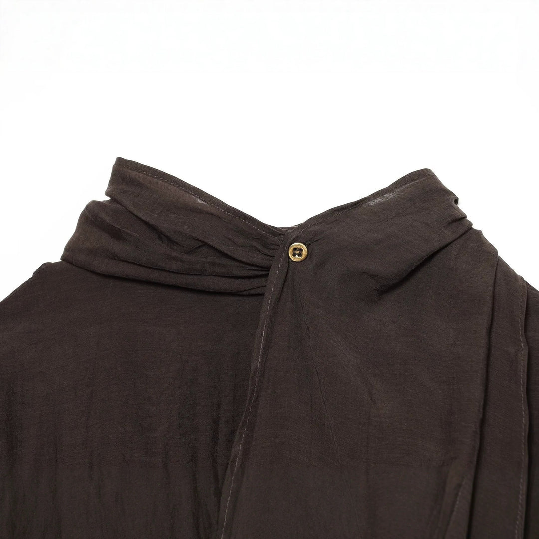 Women Transparent Blouse with Draped Tube Collar, Button Placket and Balloon Sleeves Mune Fashion