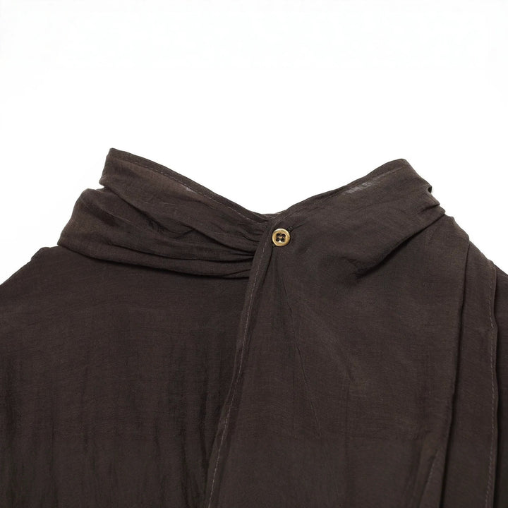 Women Transparent Blouse with Draped Tube Collar, Button Placket and Balloon Sleeves Mune Fashion