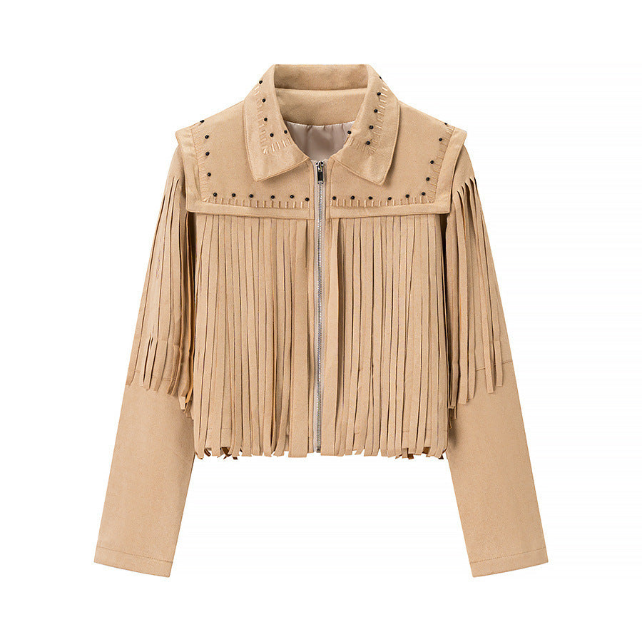 Women's Short Fringe Suede Jacket in Western Style with Studded Accents and Front Zipper Mune Fashion