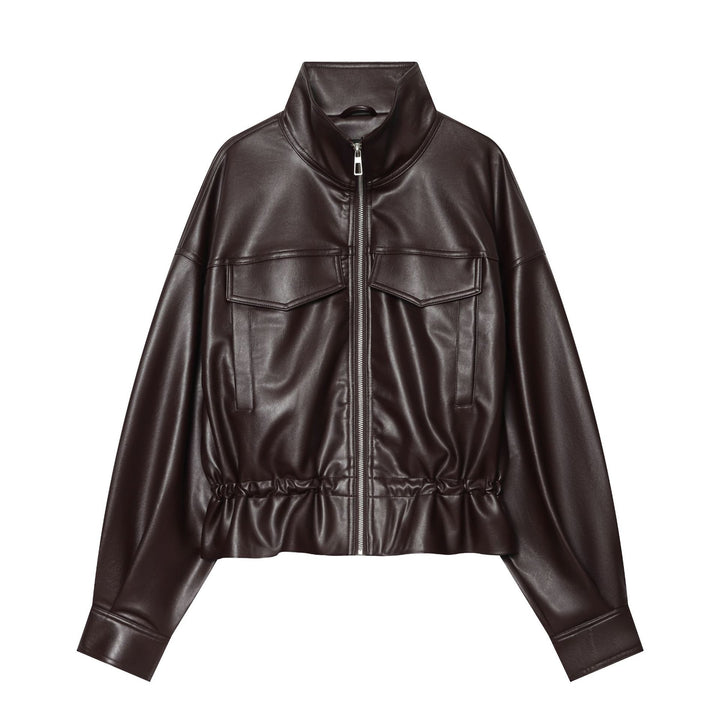 Women's Cropped Faux Leather Blouson with Drawstring, Patch Flap Pockets and High Stand Collar Mune Fashion