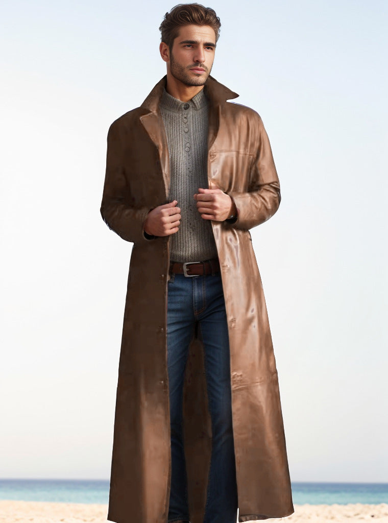 Men's Long Leather Coat in Trench Style with Slim Silhouette and Stand Collar Mune Fashion