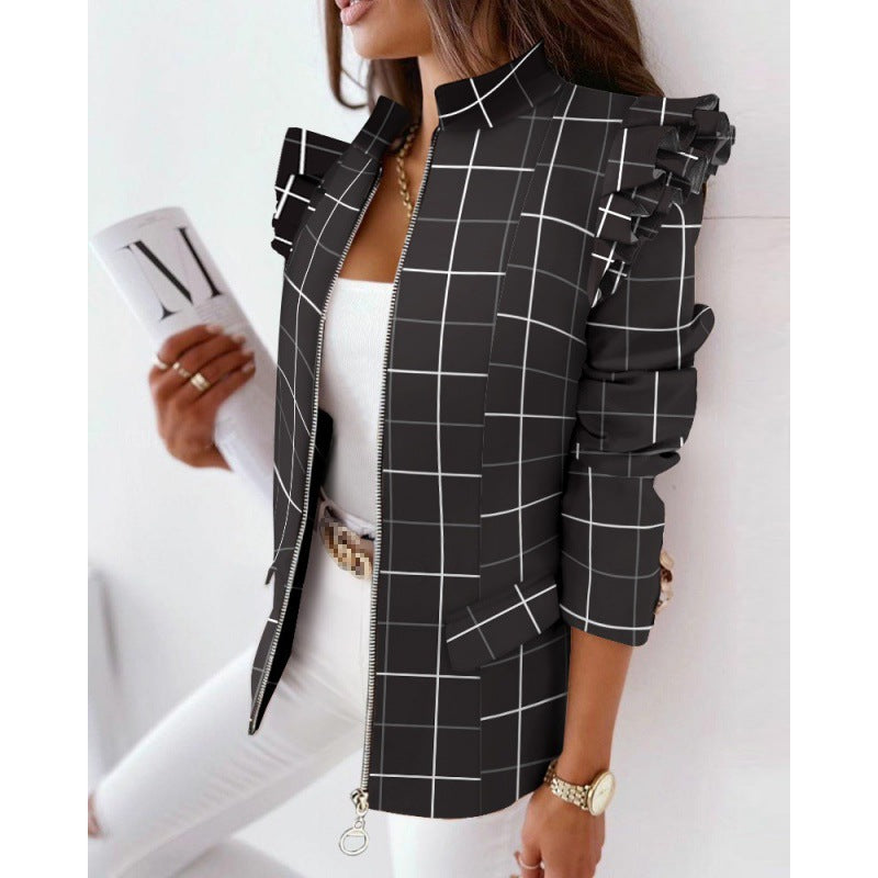 Women's leopard print statement jacket with ruffle shoulder and zipper Mune Fashion