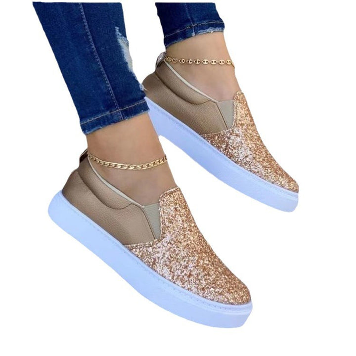 Women Slip-On Platform Sneaker with Glitter Front, Padded Heel Area and White Profile Sole Mune Fashion