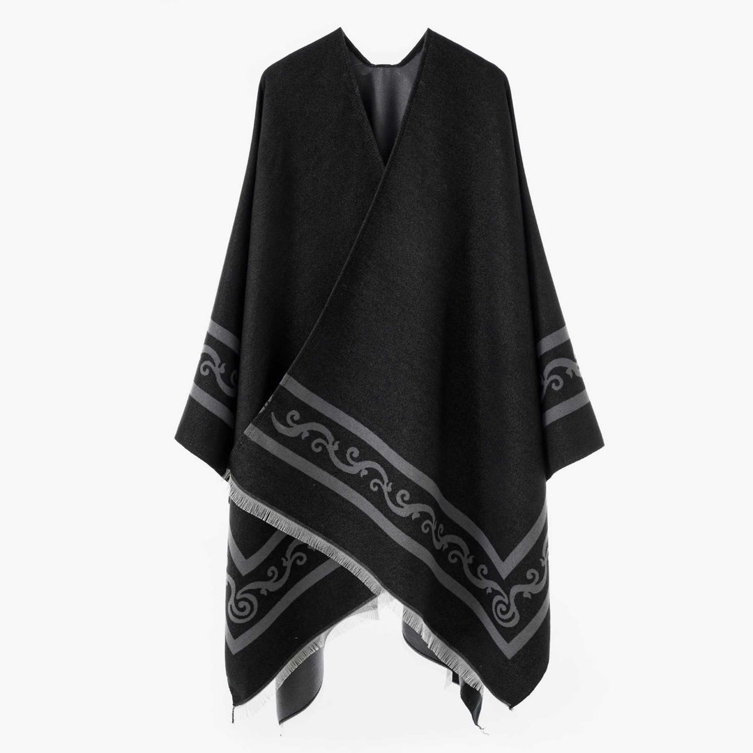 Women's Oversize Cape with Geometric Jacquard and Fringe Hem Mune Fashion