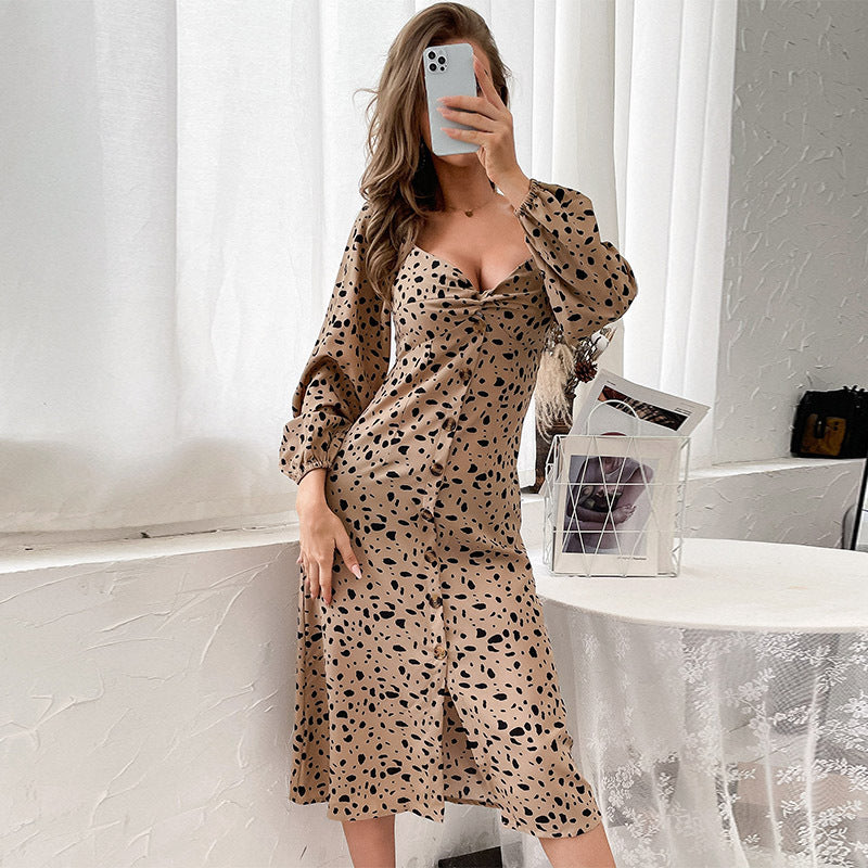 Women's Midi Dress with Leopard Print and Puff Sleeves Mune Fashion