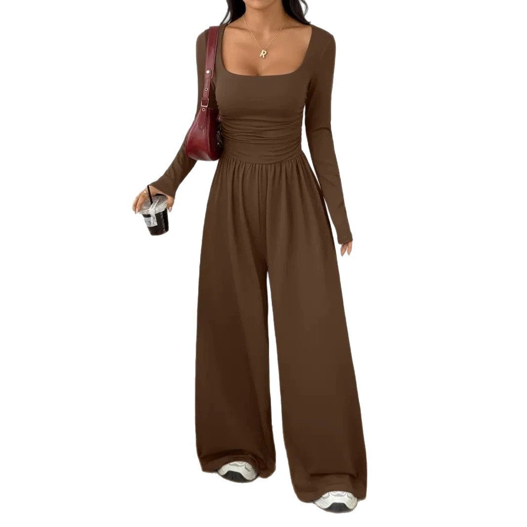 Women's jumpsuit with wide leg, square neckline and gathered waist area