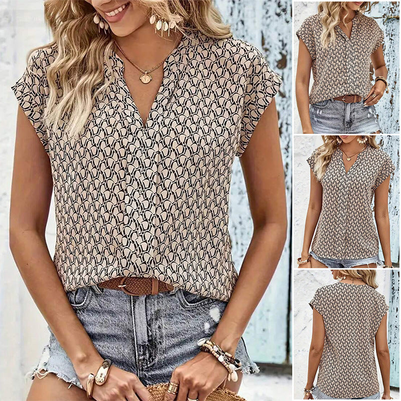 Women nan loose short sleeve blouse with graphic minimal pattern, V-neck and hidden button placket Mune Fashion