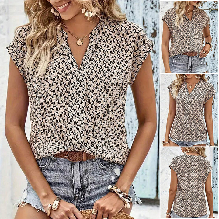 Women nan loose short sleeve blouse with graphic minimal pattern, V-neck and hidden button placket Mune Fashion
