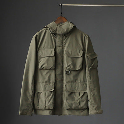 Men's urban field jacket with multiple pockets, wind-resistant surface and concealed hood Mune Fashion