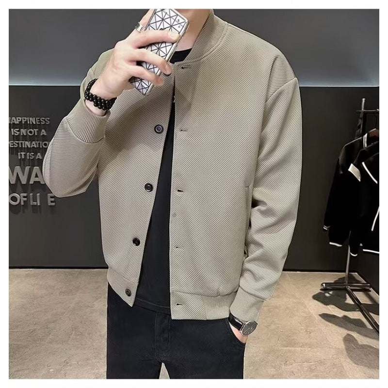 Men's Textured Bomber Jacket in Blouson Style with Snap Front and Ribbed Cuffs Mune Fashion