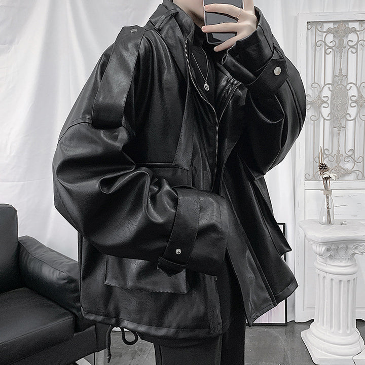 Men's Loose-Fit Faux Leather Jacket with Hood, Utility Pockets and Adjustable Cuffs Mune Fashion