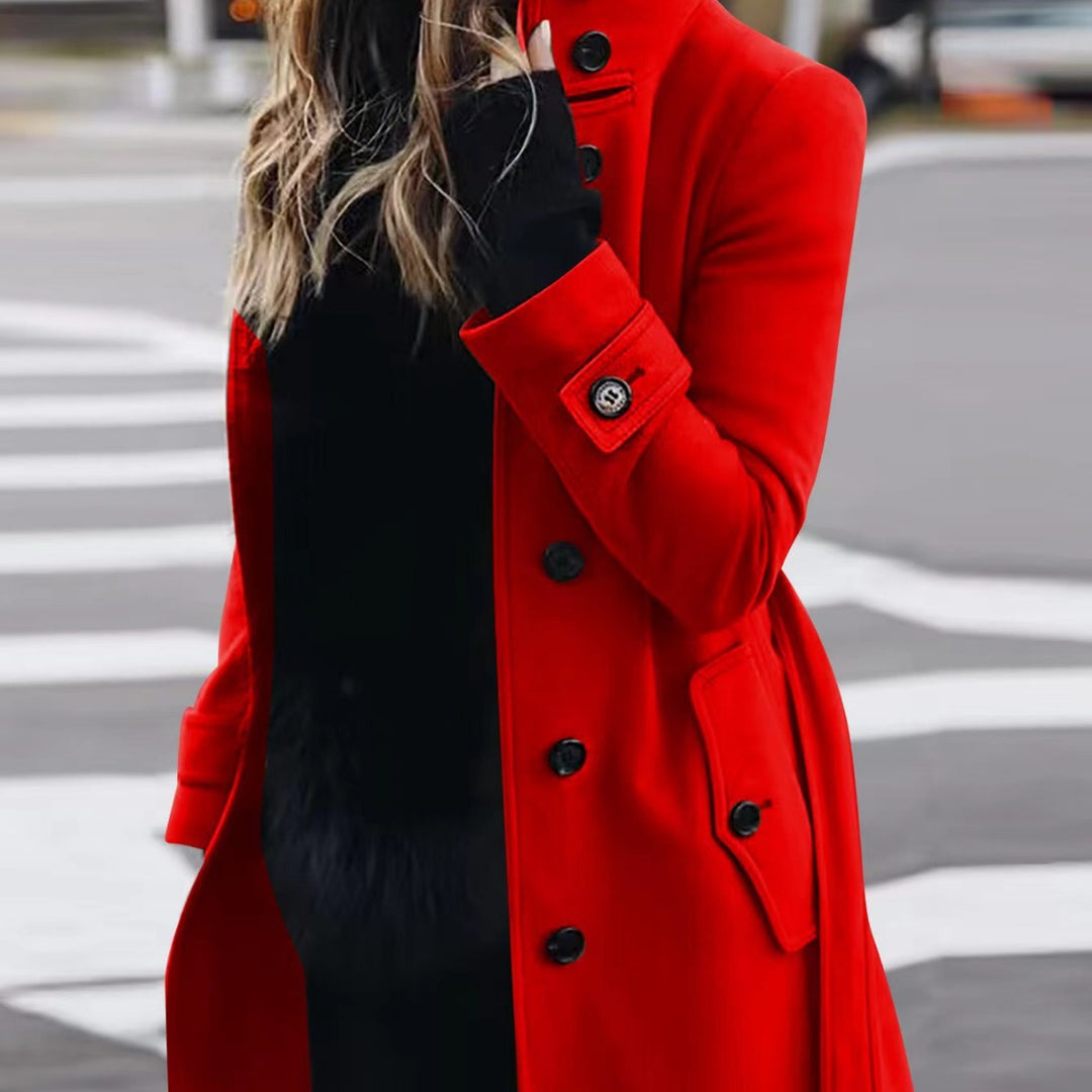 Women's Double-Breasted Trench Coat with High Standing Collar, Waist Belt and Cuff Detail Mune Fashion