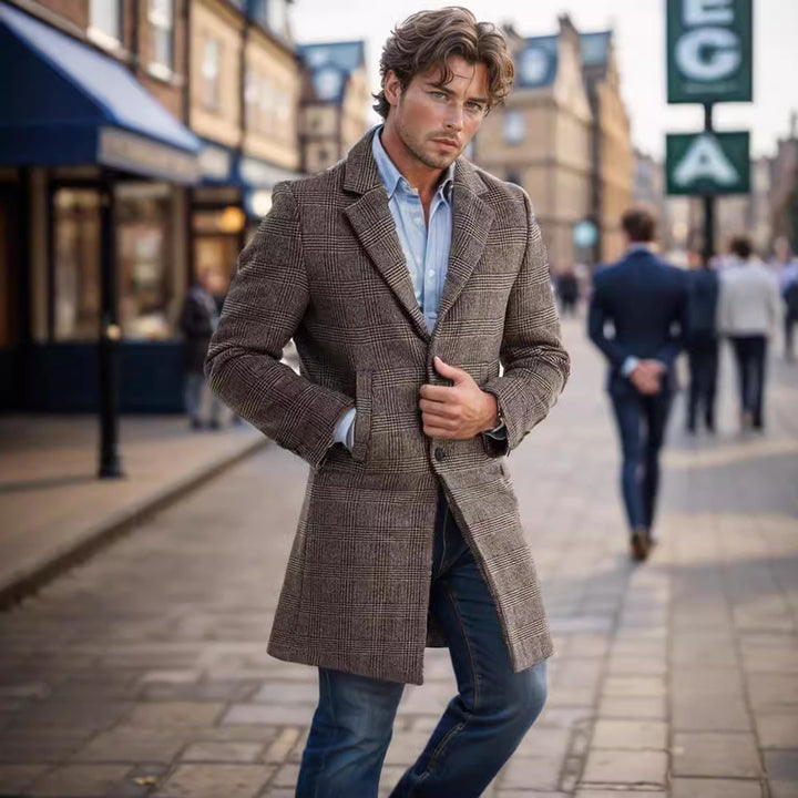 Men's Glencheck Wool Blend Coat with Quilted Thermal Lining and Slim Silhouette Mune Fashion