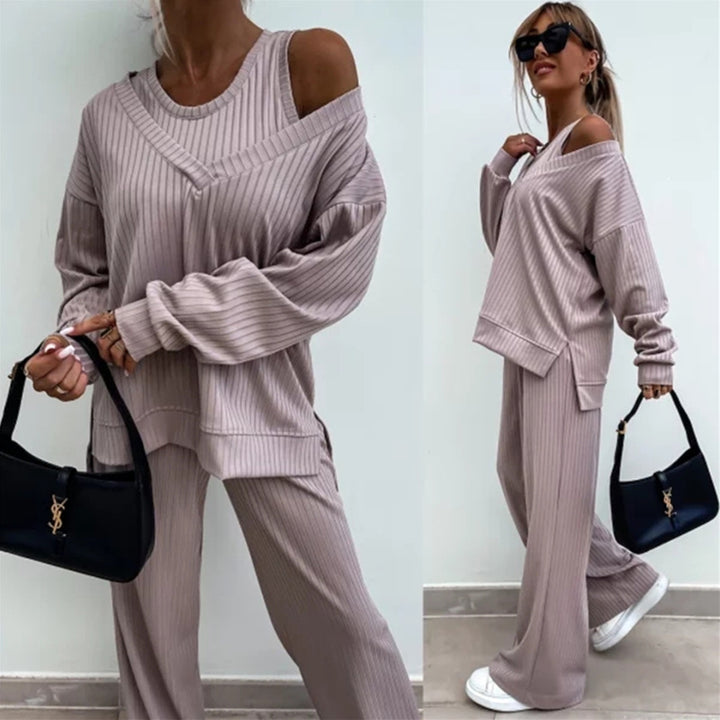 Women's elegant ribbed two-piece lounge set with one-sided off-shoulder cut and wide palazzo pant leg Mune Fashion