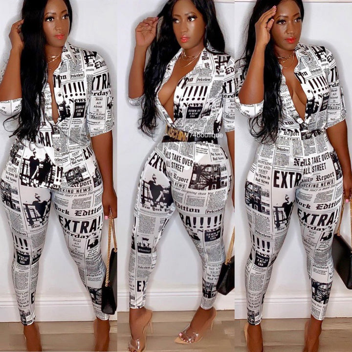 Women fitted jumpsuit with newspaper print and tailored shirt collar Mune Fashion