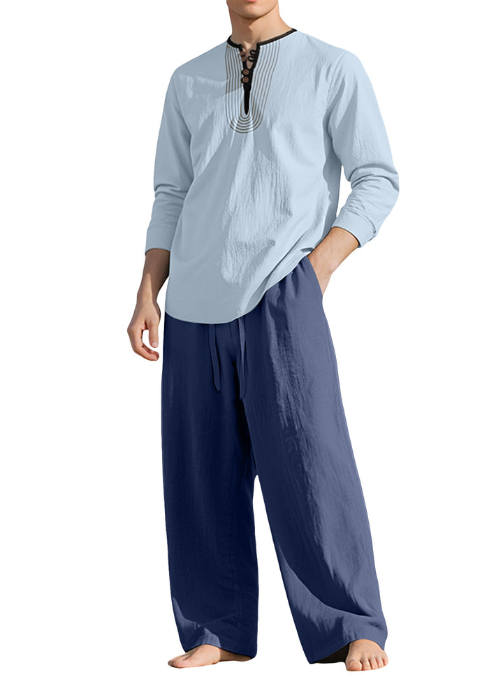 Men's tunic and Palazzo pants set with Henley placket, decorative embroidery and wide cut Mune Fashion