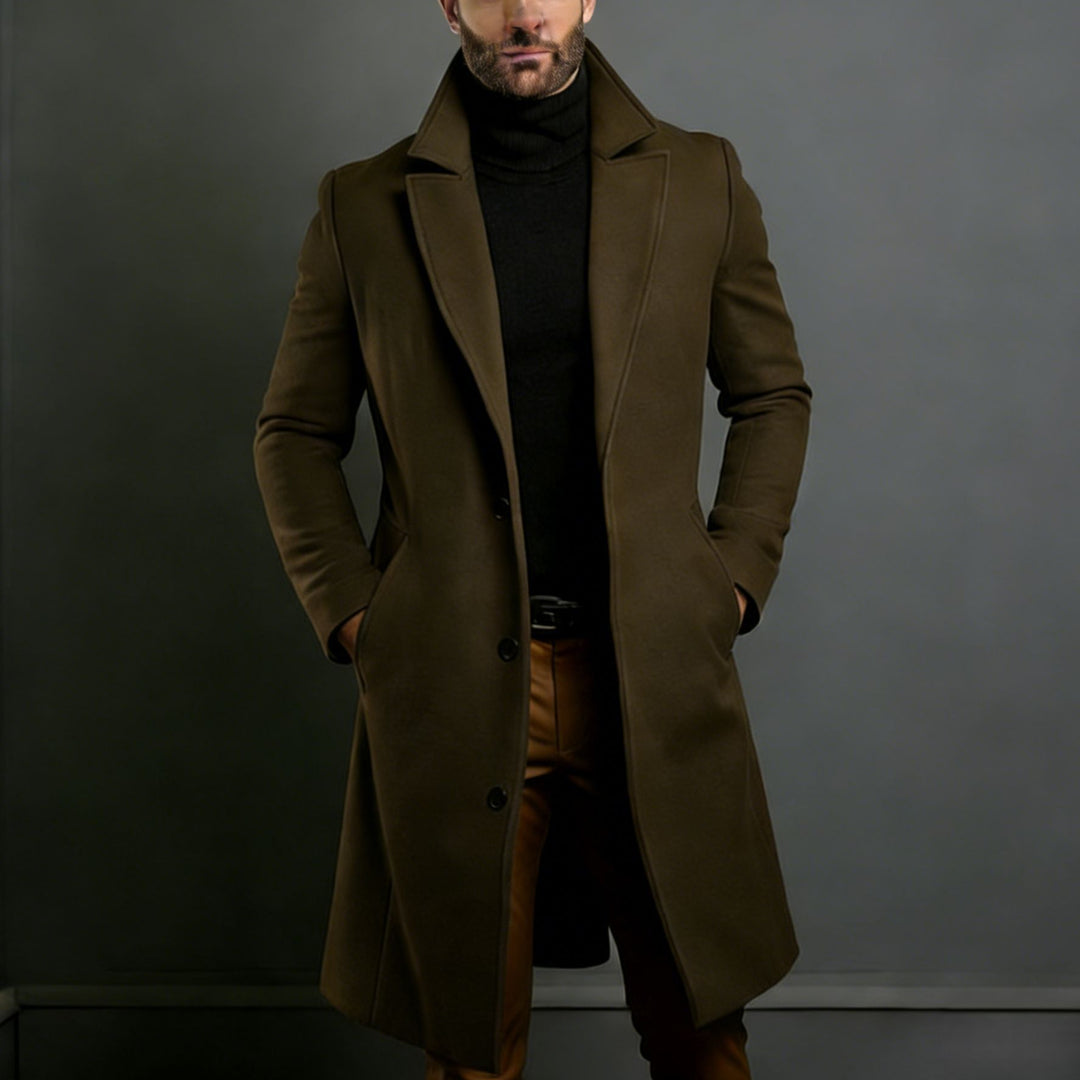Men's Elegant Single-Breasted Long Coat Made of Wool Blend with Slim Silhouette and Lapel Collar Mune Fashion