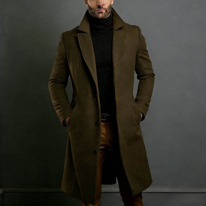 Men's Elegant Single-Breasted Long Coat Made of Wool Blend with Slim Silhouette and Lapel Collar Mune Fashion
