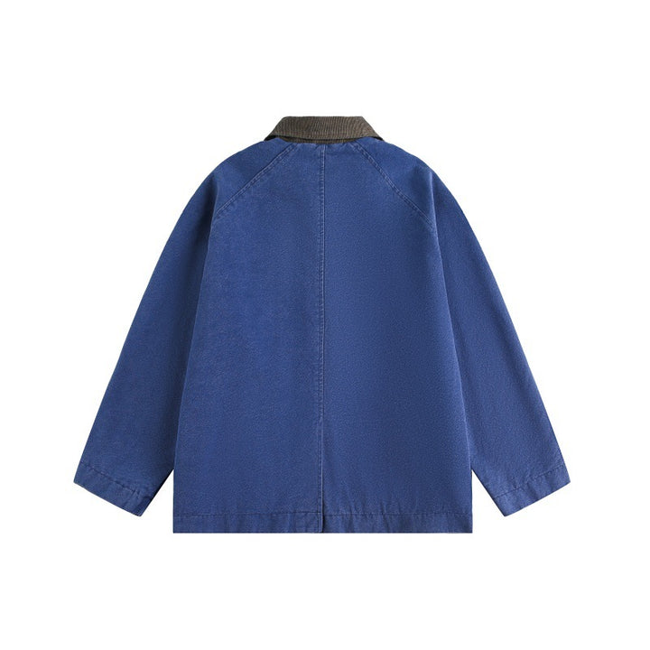 Unisex Short Cut Boxy Denim Jacket with Cord Collar and Tonal Decorative Stitches Mune Fashion