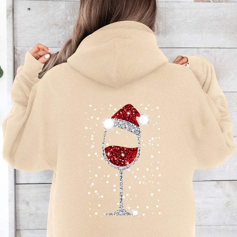 Women's Oversize Hoodie with Christmas Glitter Wine Glass Print Mune Fashion