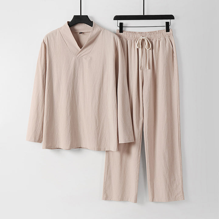 Unisex Zen-inspired Lightweight Loungewear Set with V-Neck Shirt and Elastic Drawstring Pants Mune Fashion