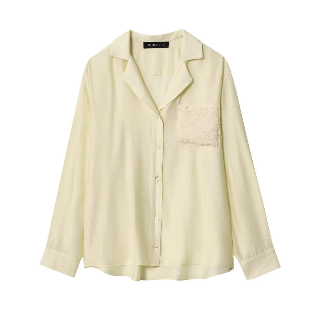 Women's Loose Satin Shirt with Notched Collar and Embroidered Chest Pocket Mune Fashion