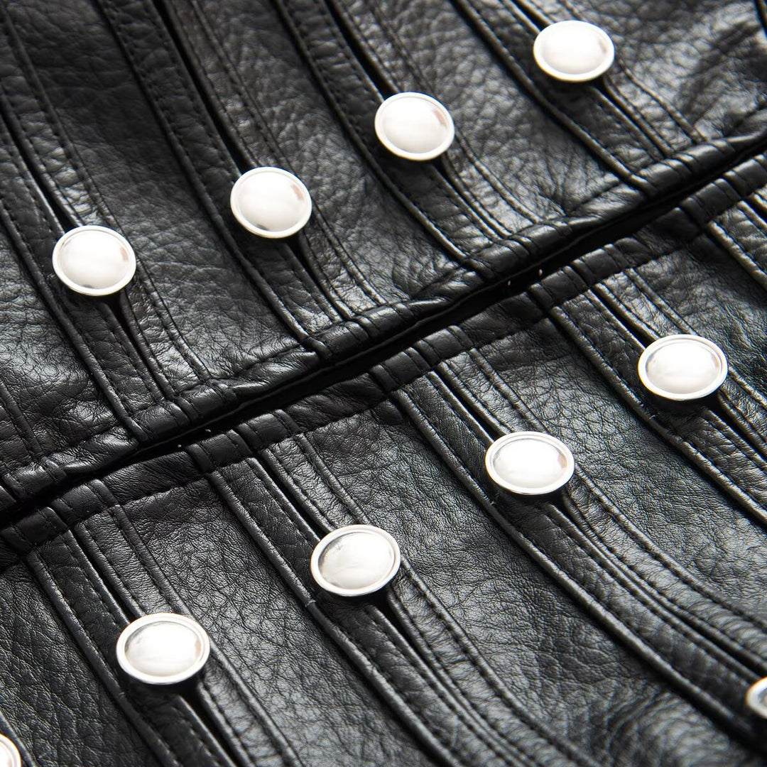 Women's short jacket in hussar style made of faux leather with decorative row buttons Mune Fashion