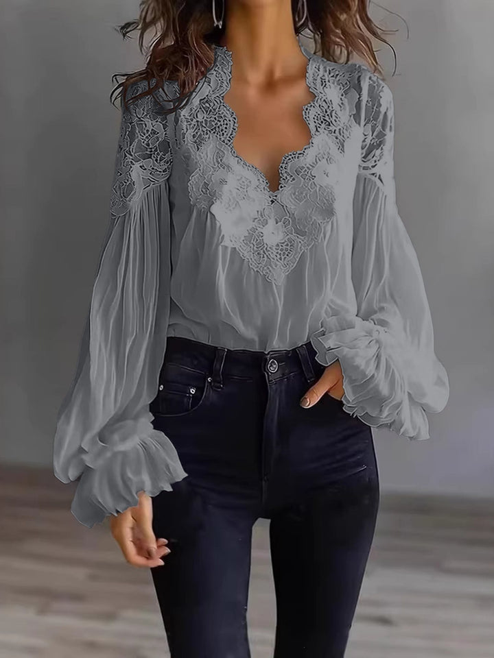 Women's Chiffon Blouse with Lace V-Neck and Wide Pleated Sleeves Mune Fashion