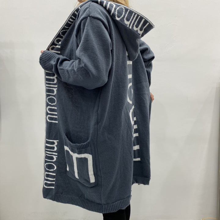 Women’s Oversized Knitted Hoodie Cardigan with Logo Border Mune Fashion