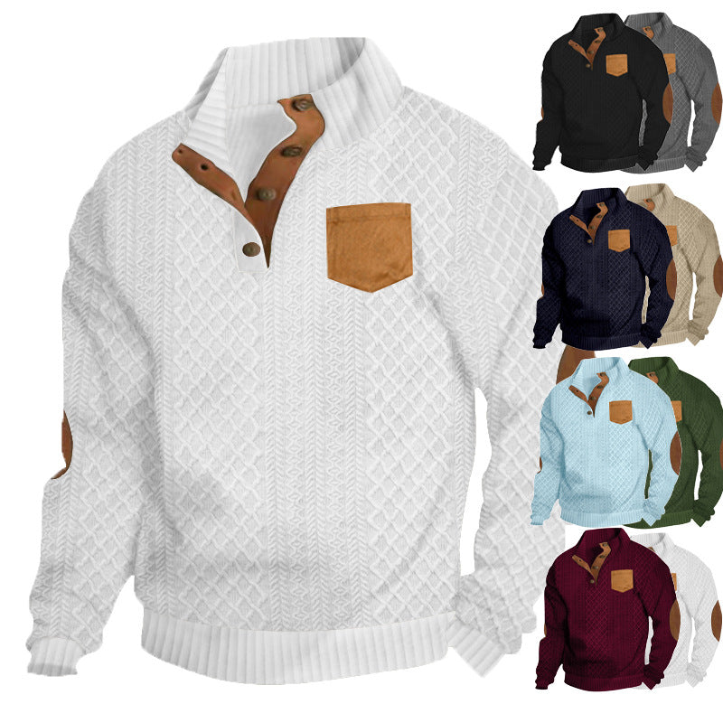 Men's Structured Cable Knit Sweatshirt with Half Button Placket, Faux Leather Patch Pocket & Elbow Patches Mune Fashion