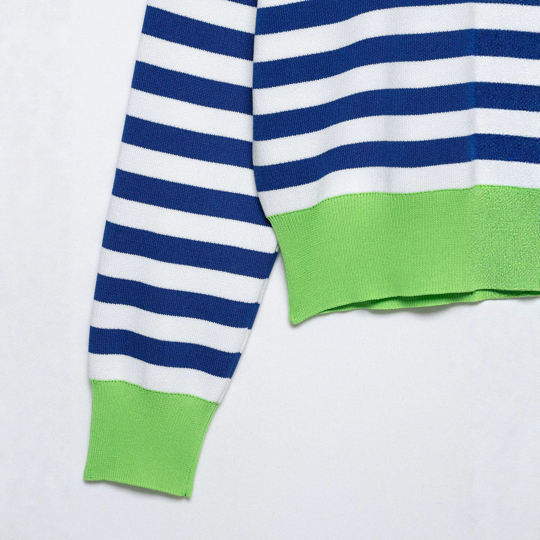 Women's Striped Polo Sweater with V-Neck, Loose Body and Contrasting Cuffs Mune Fashion