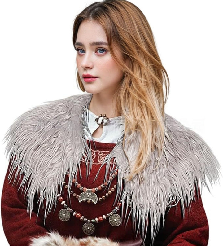 Ladies feather-trimmed shoulder stole in capelet style with soft faux fur collar Mune Fashion