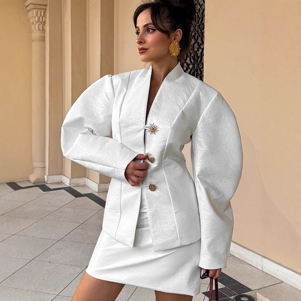 Women's Tailored Blazer Suit with Sculptural Balloon Sleeves and Mini Skirt Mune Fashion