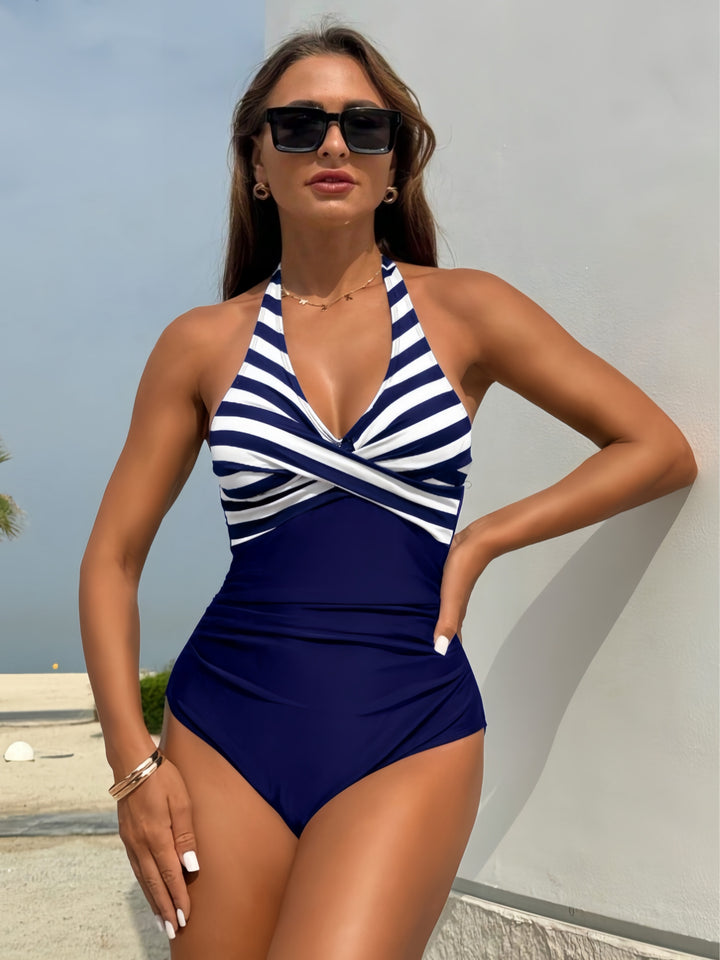 Women's one-piece swimsuit with elegant wrap design and vertical stripes Mune Fashion