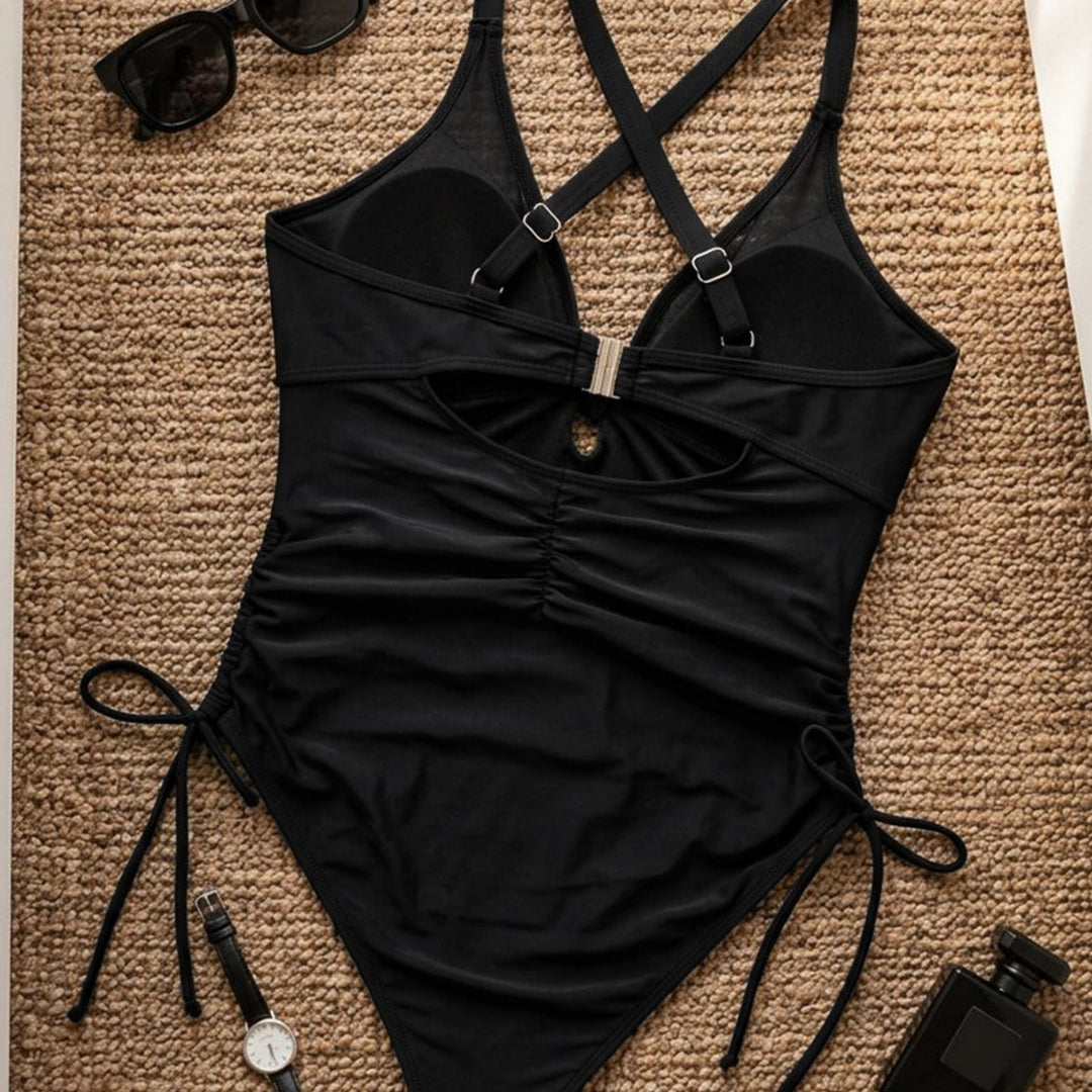 Ladies High-Cut Swimsuit with Mesh Insert and Ruching Mune Fashion